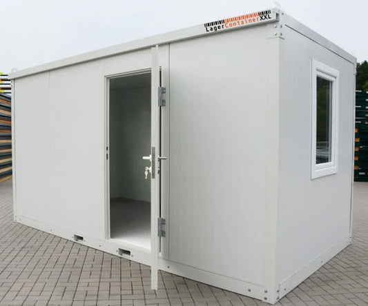 LagerContainerXXL 4m Isolierter Bürocontainer mit Kranösen und Staplerführung (montierte Anlieferung), Grau-Weiß